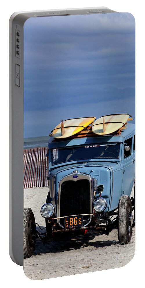  Surfing Portable Battery Charger featuring the photograph Blue Ford roadster race car on the beach #4 by Anthony Totah