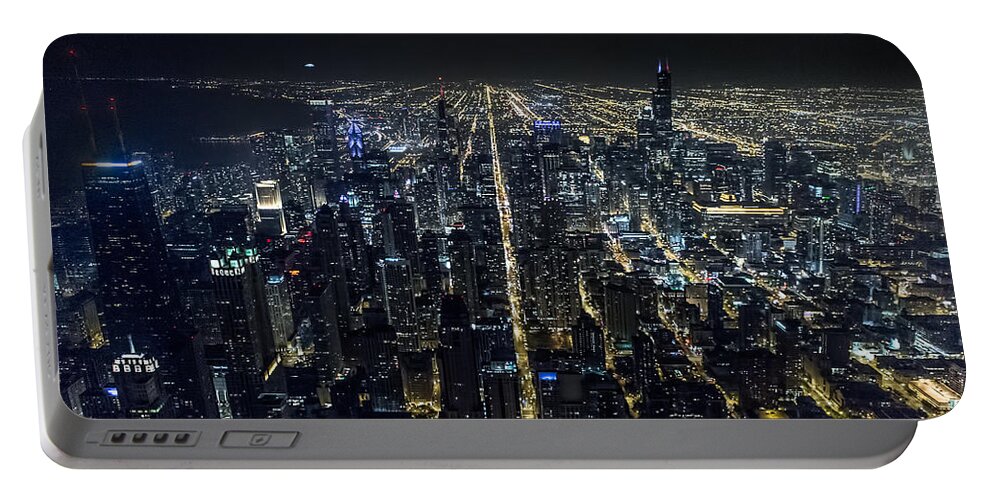 Chicago Portable Battery Charger featuring the photograph Chicago Night Skyline Aerial Photo #18 by David Oppenheimer