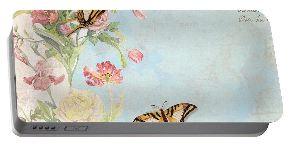 Butterfly Portable Battery Charger featuring the painting Fleurs de Pivoine - Watercolor w Butterflies in a French Vintage Wallpaper Style by Audrey Jeanne Roberts