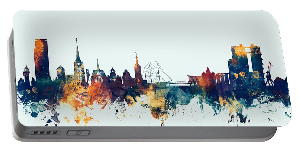 Sweden Portable Battery Charger featuring the digital art Halmstad Sweden Skyline by Michael Tompsett