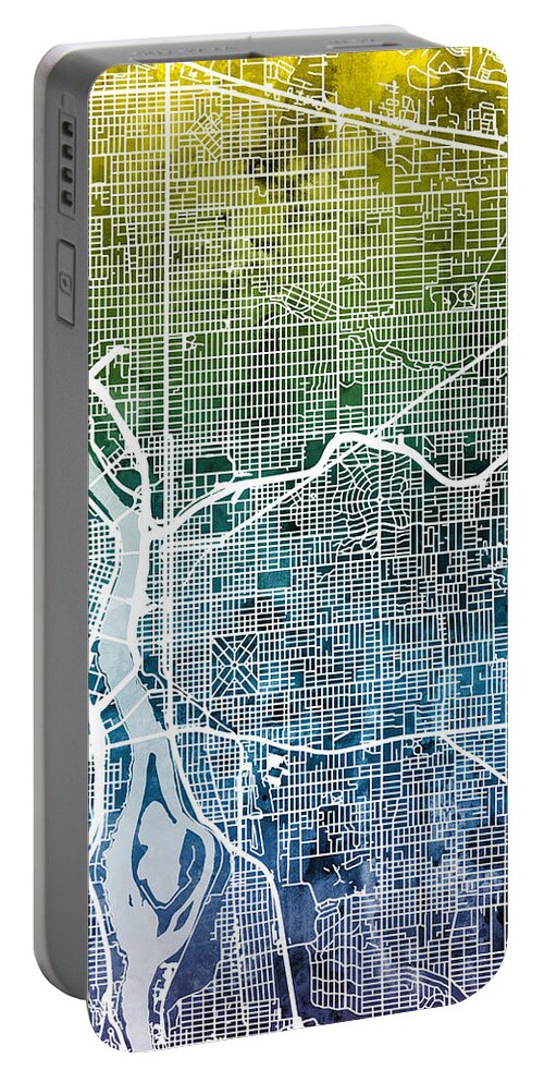 Portland Portable Battery Charger featuring the digital art Portland Oregon City Map #4 by Michael Tompsett