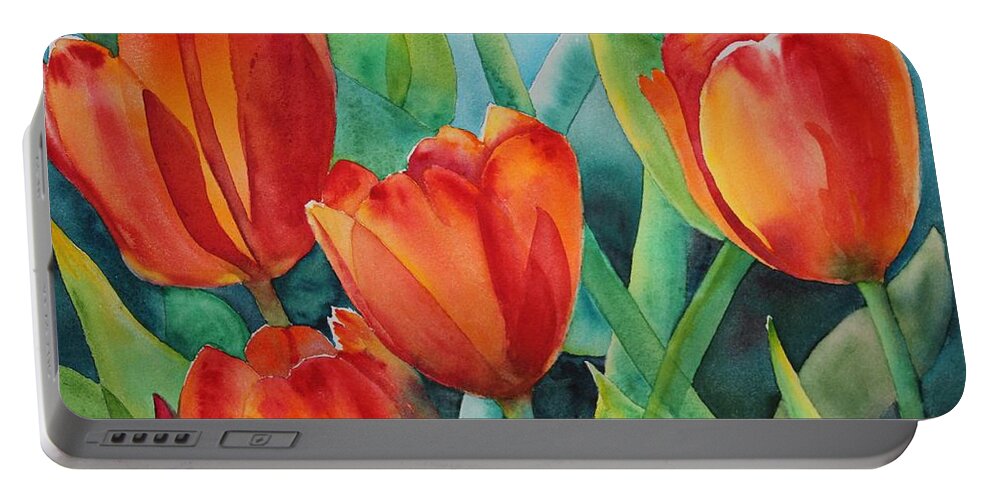 Red Flowers Portable Battery Charger featuring the painting 4 Red Tulips by Ruth Kamenev