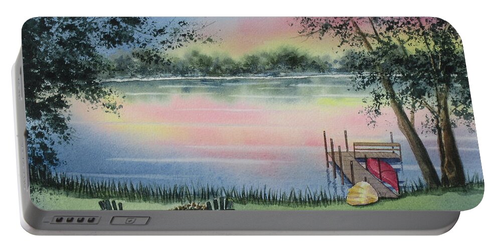 Lake Portable Battery Charger featuring the painting 4 Seasons-Spring by Deborah Ronglien