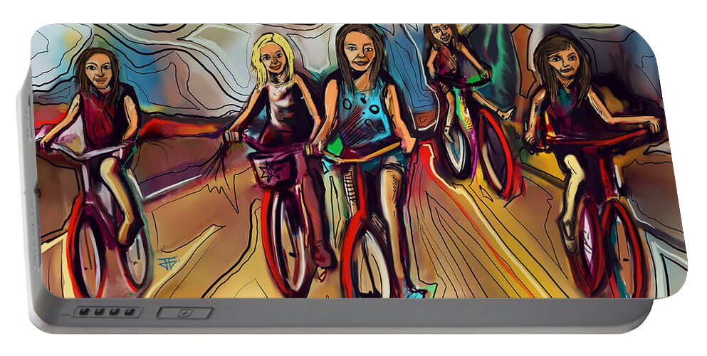  Portable Battery Charger featuring the painting 5 Bike Girls by John Gholson
