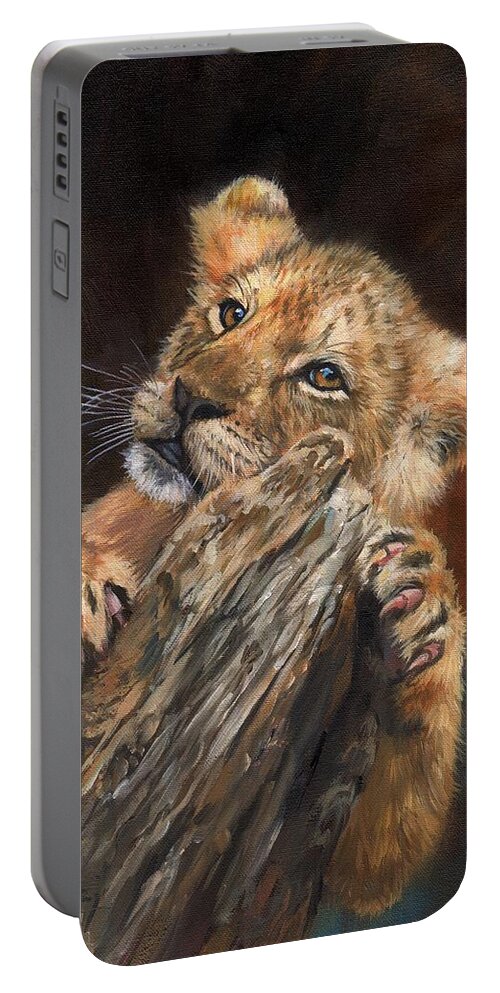 Lion Portable Battery Charger featuring the painting Lion Cub #5 by David Stribbling