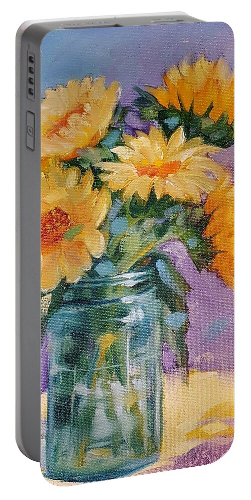 Sunflowers Portable Battery Charger featuring the painting 5 Sunflowers by Judy Fischer Walton