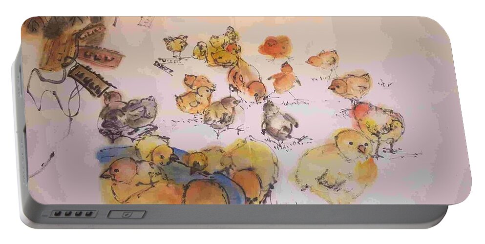 Farm.chickens. Chicks Portable Battery Charger featuring the painting The art of farming album. #5 by Debbi Saccomanno Chan