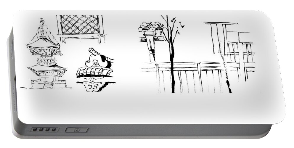 Japanese Roof Portable Battery Charger featuring the drawing 5.3.Japan-1-details-roof-and-fence by Charlie Szoradi