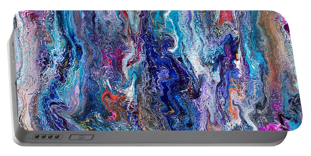 Original Abstract Dynamic Lacy Blue Liquid Art Form Swipe Full Of Seductive Texture And Intrigue With Pink Orange Purple Black Accents Portable Battery Charger featuring the painting #542 #542 by Priscilla Batzell Expressionist Art Studio Gallery