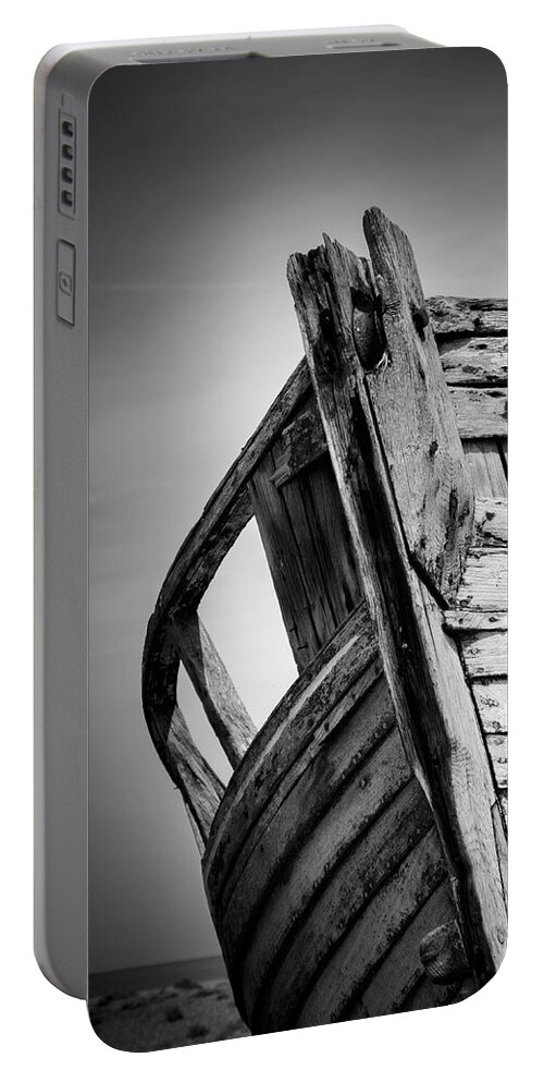 Dungeness Portable Battery Charger featuring the photograph Old Abandoned Boat Portrait BW by Rick Deacon