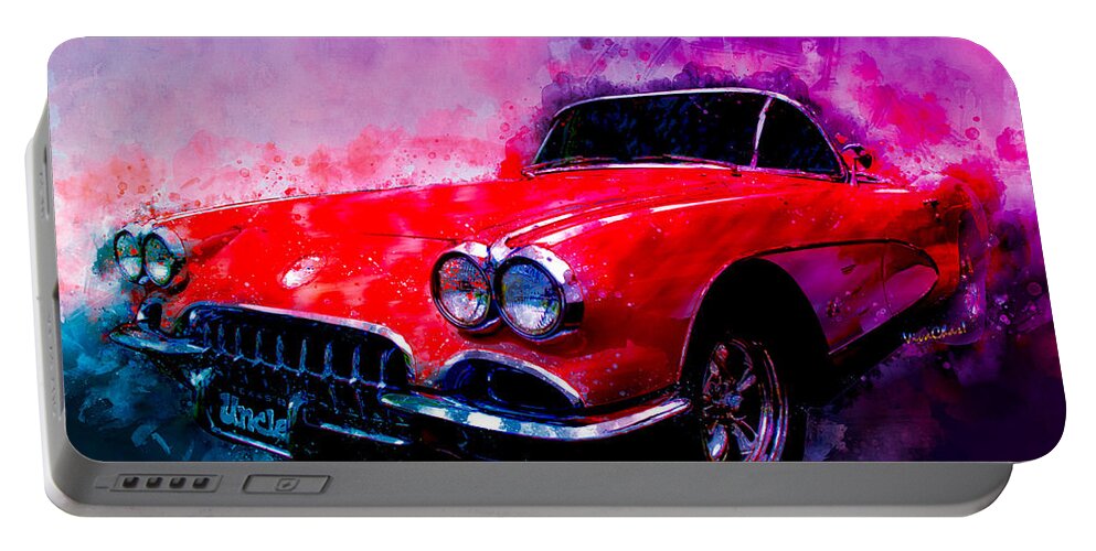 1960 Portable Battery Charger featuring the photograph 60 Red Corvette Watercolour Illustration by Chas Sinklier