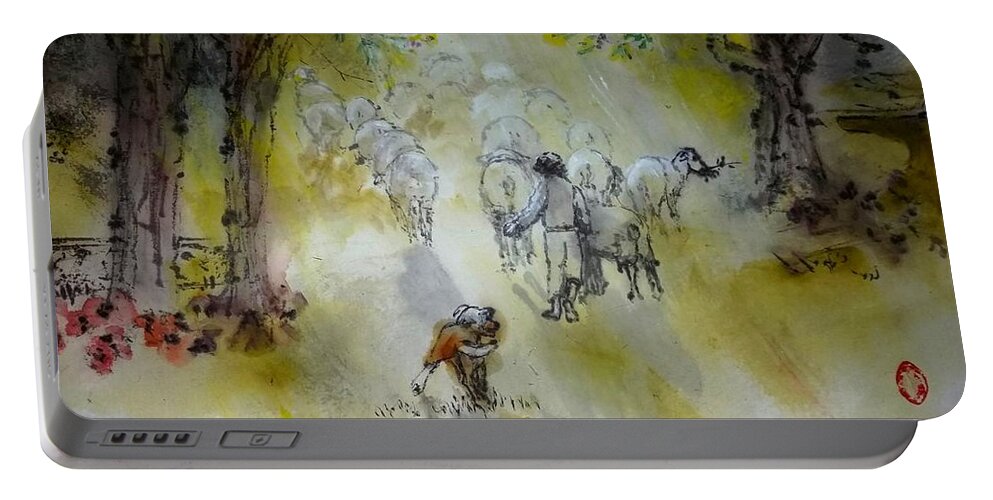 Details. Italy. Landscape. Sheep. Dog. Child. Sunlight Portable Battery Charger featuring the painting Italy Love Life and Linguini album #7 by Debbi Saccomanno Chan