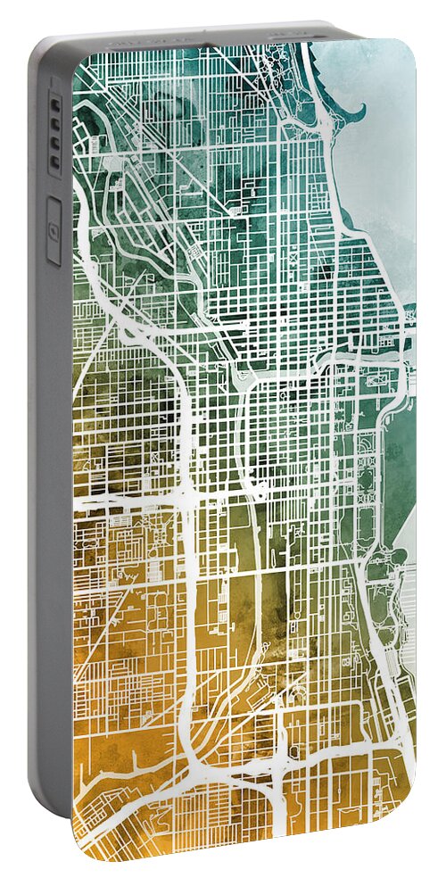Chicago Portable Battery Charger featuring the digital art Chicago City Street Map by Michael Tompsett