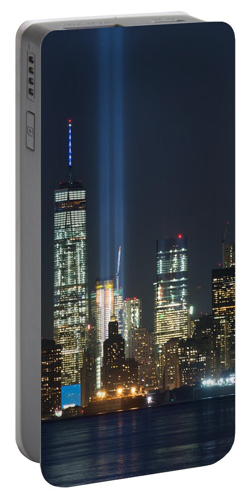 View Of Freedom Tower With Tribute In Light Portable Battery Charger featuring the photograph 9.11.2015 Tribute In Light #9112015 by Kenneth Cole
