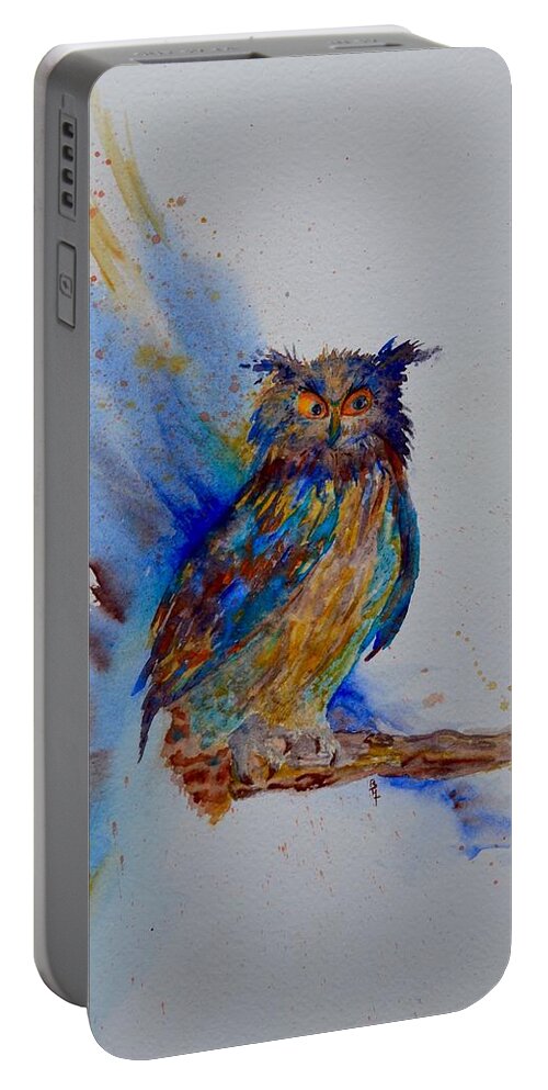 A Blue Mood Owl Portable Battery Charger featuring the painting A Blue Mood Owl by Beverley Harper Tinsley