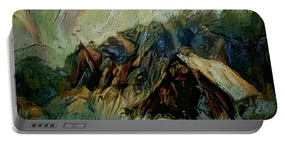 A Chance In The World Movie Portable Battery Charger featuring the painting A Chance In The World Movie Dark Barn Crowded Into A Gully Between A Large Rocky Hill And A Grove Of by Mendyz