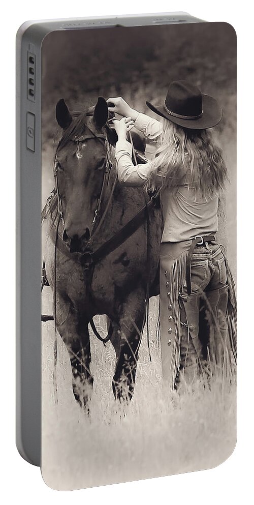 Cowgirl Portable Battery Charger featuring the photograph A Cowgirls Love BW by Athena Mckinzie