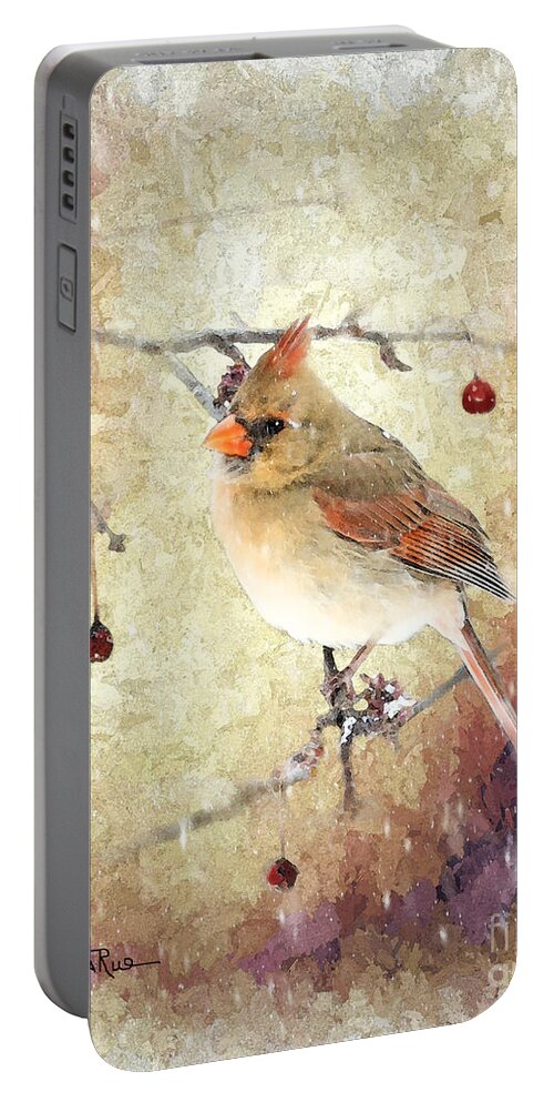 Northern Cardinal; Cardinalis Cardinalis; Female; Bird; Songbird; Animal; Avian; Nature; Wildlife; Perched; Crabapple Tree; Crabapples; Fruit; Snow; Snowfall; Winter; Photograph; Texture; Textured; Artistic; Artistic Effect; Snowflakes; Day; Daytime; Outdoors; Oklahoma; Us; Usa; United States; North America Portable Battery Charger featuring the photograph A Delicate Thing by Betty LaRue