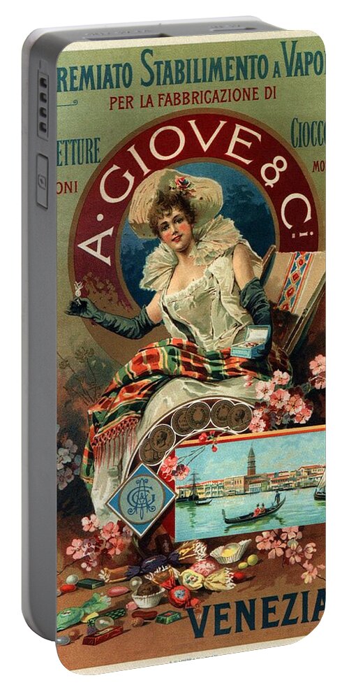 A Giove & Co Portable Battery Charger featuring the mixed media A Giove and Co - Venezia, Italy - Vintage Chocolate Advertising Poster by Studio Grafiikka