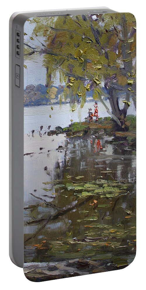 Gray Day Portable Battery Charger featuring the painting A Gray Rainy Day at Fishermans Park by Ylli Haruni