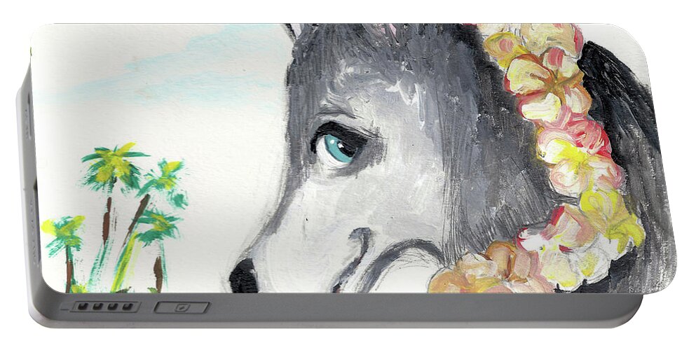 Husky Portable Battery Charger featuring the painting A Husky in Paradise by Karen Ferrand Carroll