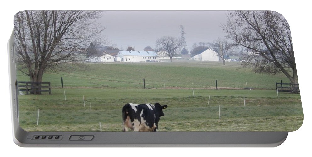 Amish Portable Battery Charger featuring the photograph A Lone Cow on the Farm by Christine Clark