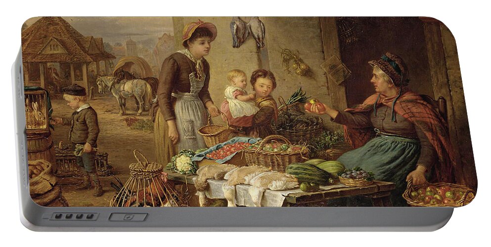Henry Charles Bryant Portable Battery Charger featuring the painting A Market Stall by Henry Charles Bryant