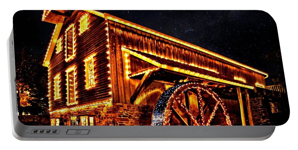New Hope Portable Battery Charger featuring the photograph A Mill in Lights by DJ Florek