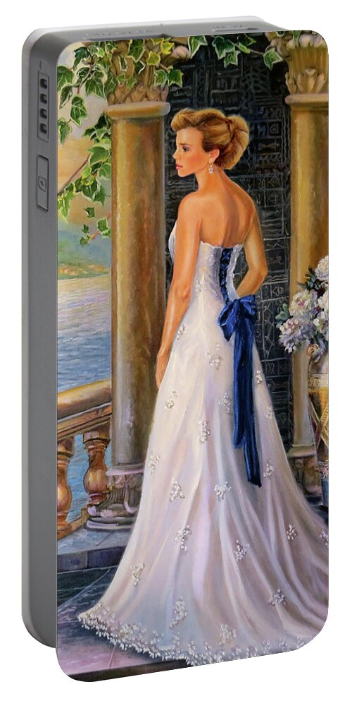 Lady On The Stairs Of A Villa Portable Battery Charger featuring the painting A moment in thought by Regina Femrite