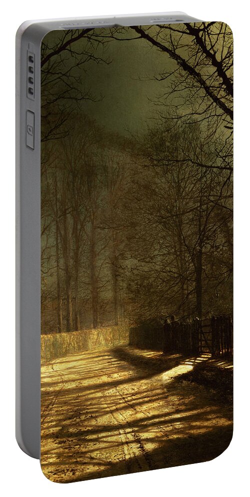 John Atkinson Grimshaw Portable Battery Charger featuring the painting A Moonlit Lane with two lovers by a gate by John Atkinson Grimshaw