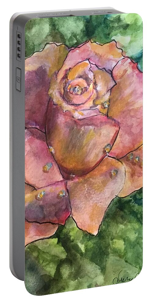 Rose Portable Battery Charger featuring the painting A Morning Rose by Cheryl Wallace