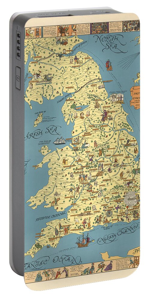 Illustrated Map Portable Battery Charger featuring the drawing A Pictorial Chart of English Literature - Illustrated Map - Pictorial Map - English Literature by Studio Grafiikka