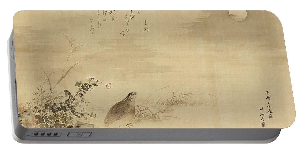A Large Hanging Scroll By An Unidentified Painter Portable Battery Charger featuring the painting A Quail In An Autumnal Field With A Full Moon And A Tanka Poem 1909 by Eastern Accents