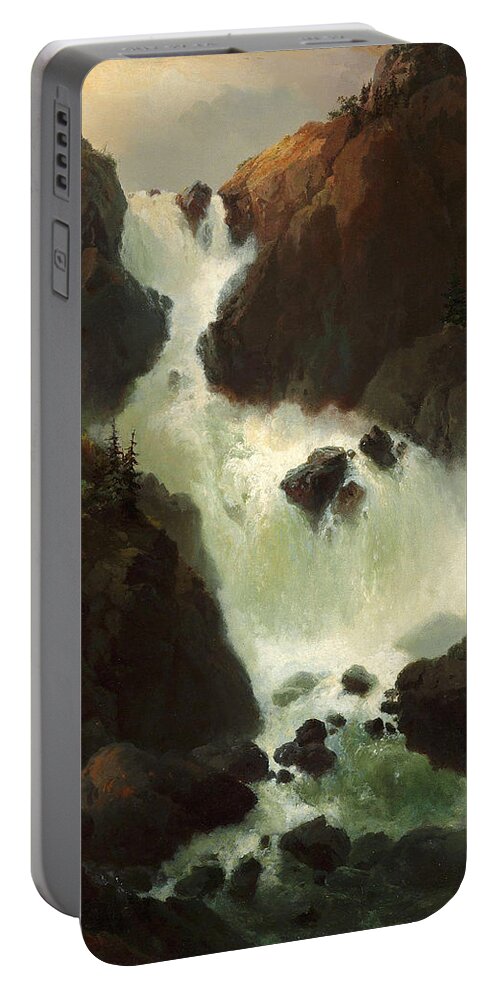 Vilhelm Melbye Portable Battery Charger featuring the painting A raging waterfall. Laatefossen in Hardanger. Norway by Vilhelm Melbye