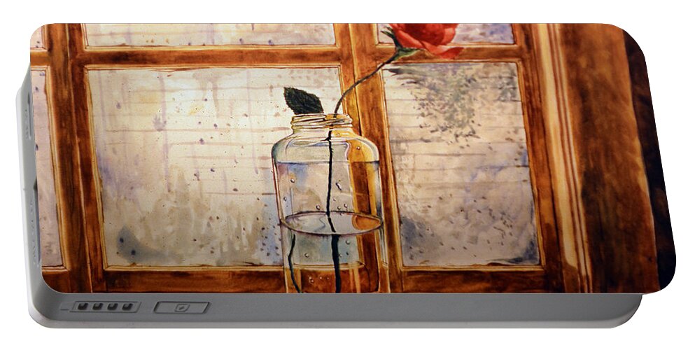 Rose Portable Battery Charger featuring the painting A rose in a glass jar on a rainy day by Christopher Shellhammer