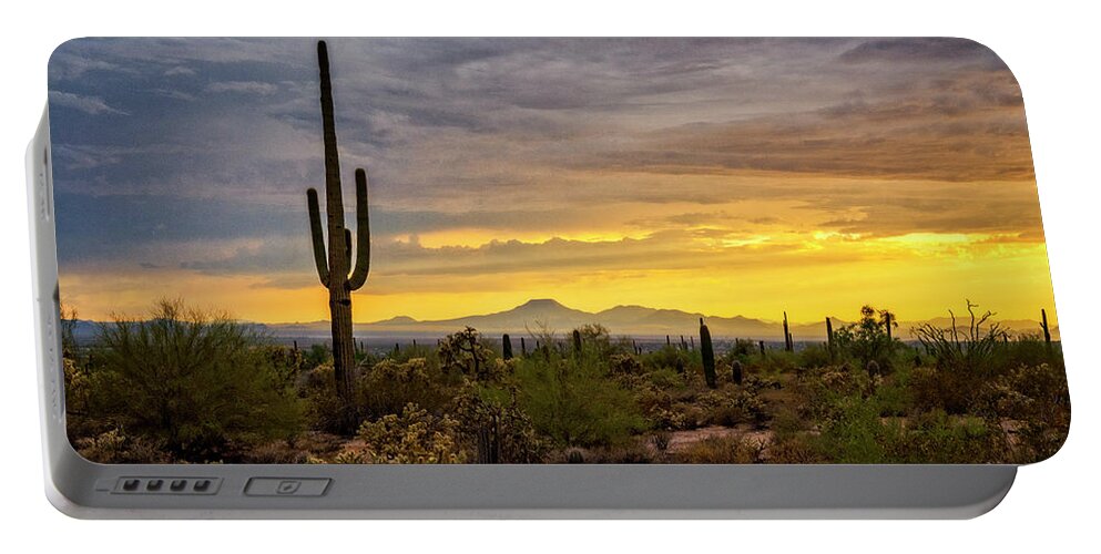 Saguaro Sunset Portable Battery Charger featuring the photograph A Sonoran Summer Sunset by Saija Lehtonen