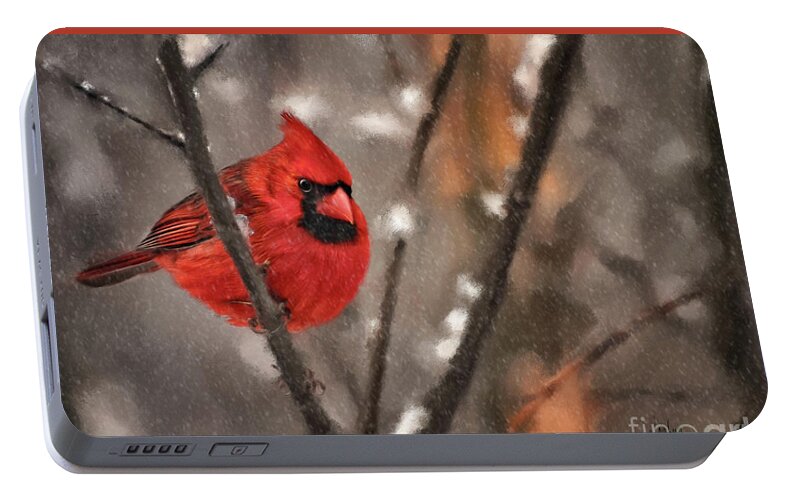 Cardinal Portable Battery Charger featuring the digital art A Spot Of Color by Lois Bryan