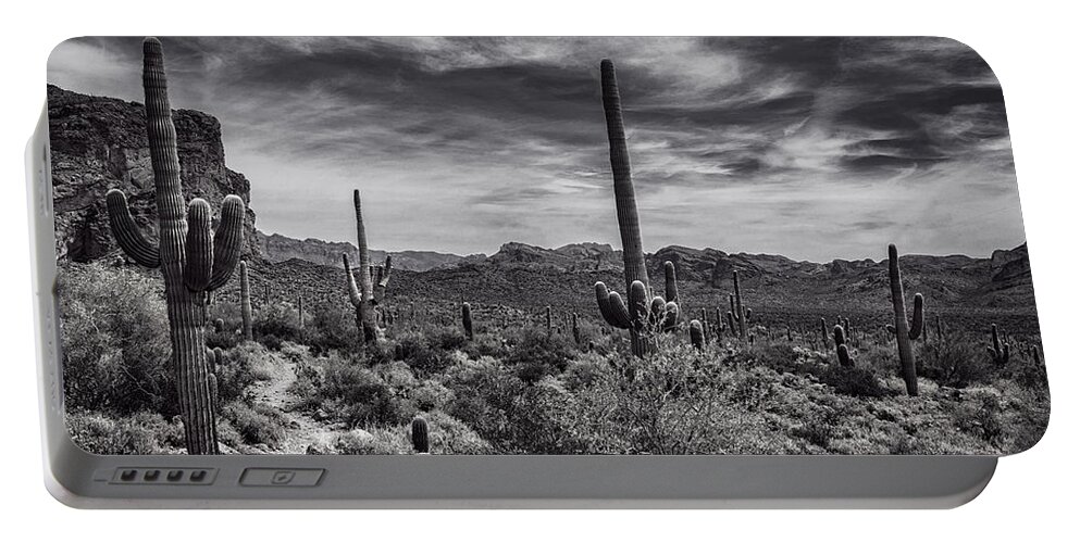 Arizona Portable Battery Charger featuring the photograph A Morning Hike in the Superstition in Black and White by Saija Lehtonen