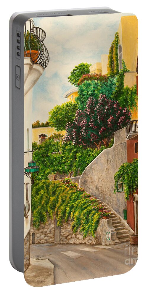 Italy Street Painting Portable Battery Charger featuring the painting A Street in Positano by Charlotte Blanchard