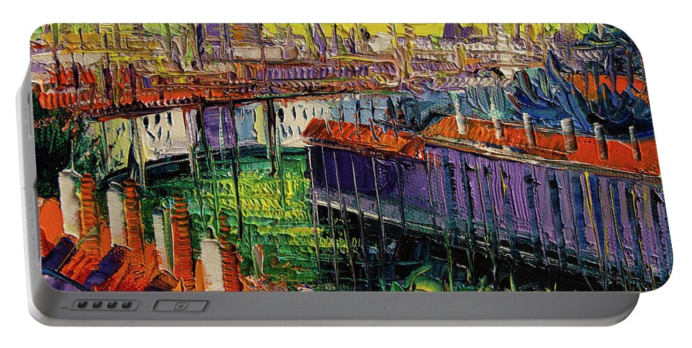 A Summer In Lyon Portable Battery Charger featuring the painting A Summer in Lyon - Modern Impressionist Stylized Cityscape by Mona Edulesco