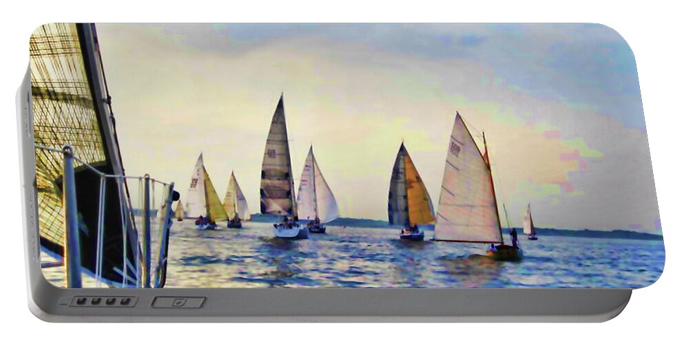 Sailboats Portable Battery Charger featuring the digital art A View from the Rail by Xine Segalas