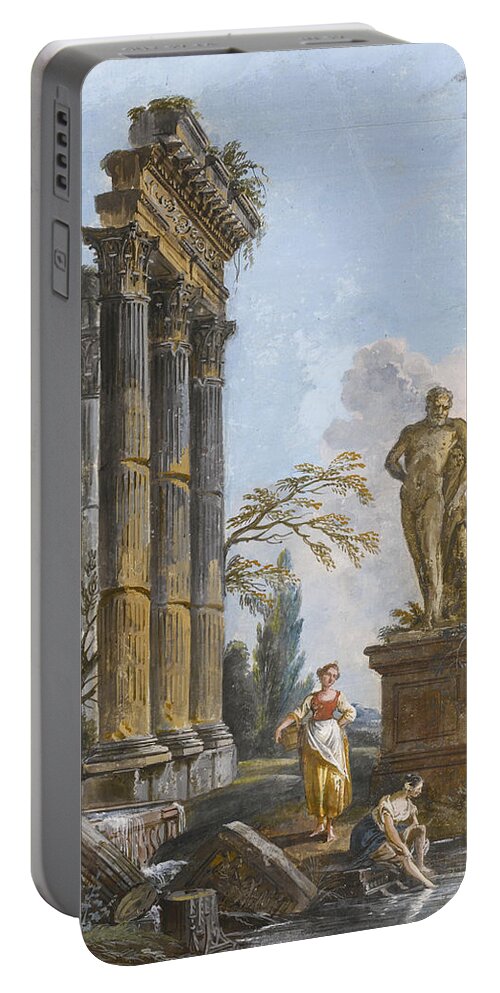 Jean-baptiste Lallemand Portable Battery Charger featuring the drawing A View Of a Ruined Temple With Washerwomen by Jean-Baptiste Lallemand