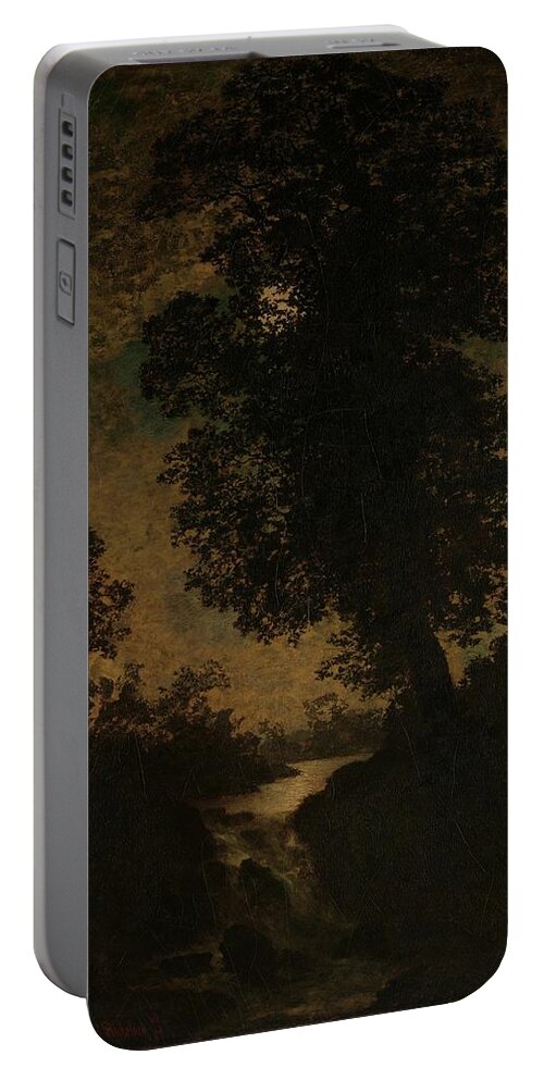 A Waterfall Portable Battery Charger featuring the painting A Waterfall, Moonlight by Ralph Albert