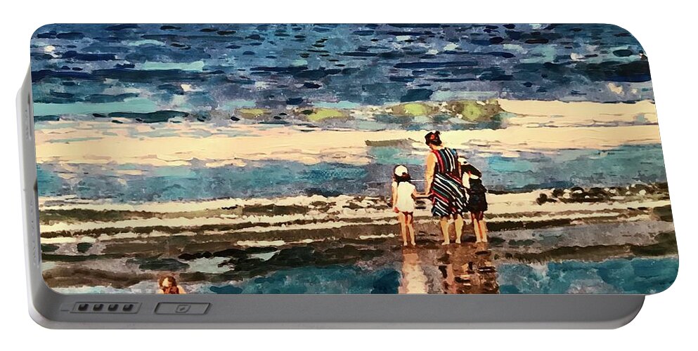 Santa Monica Portable Battery Charger featuring the painting A Woman and her Children, Santa Monica Beach by Gary Springer