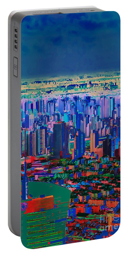 City Portable Battery Charger featuring the digital art A World Away - Shanghai NIght by Xine Segalas