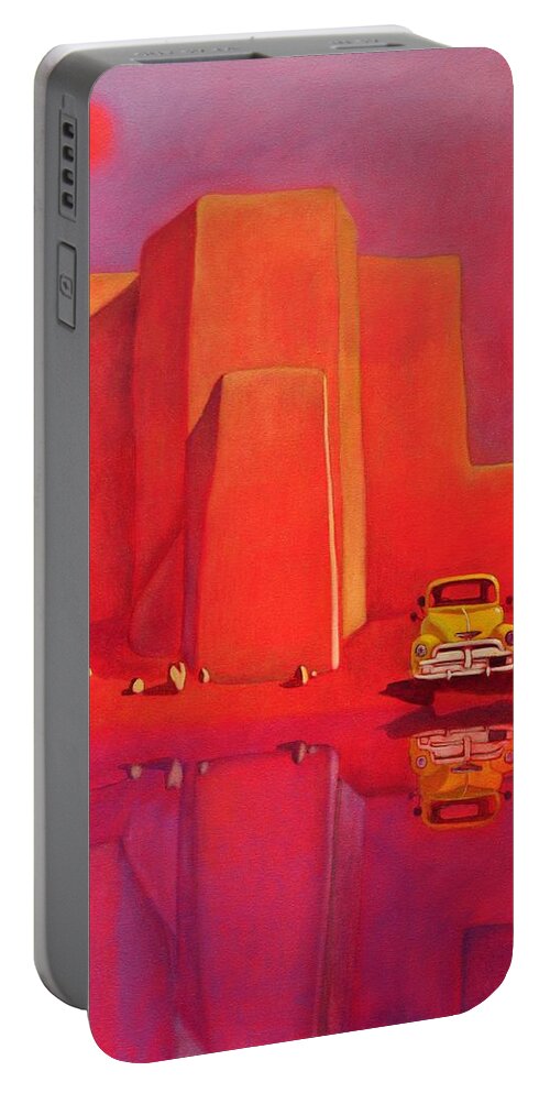 Yellow Truck Portable Battery Charger featuring the painting A Yellow Truck with a Red Moon in Ranchos by Art West