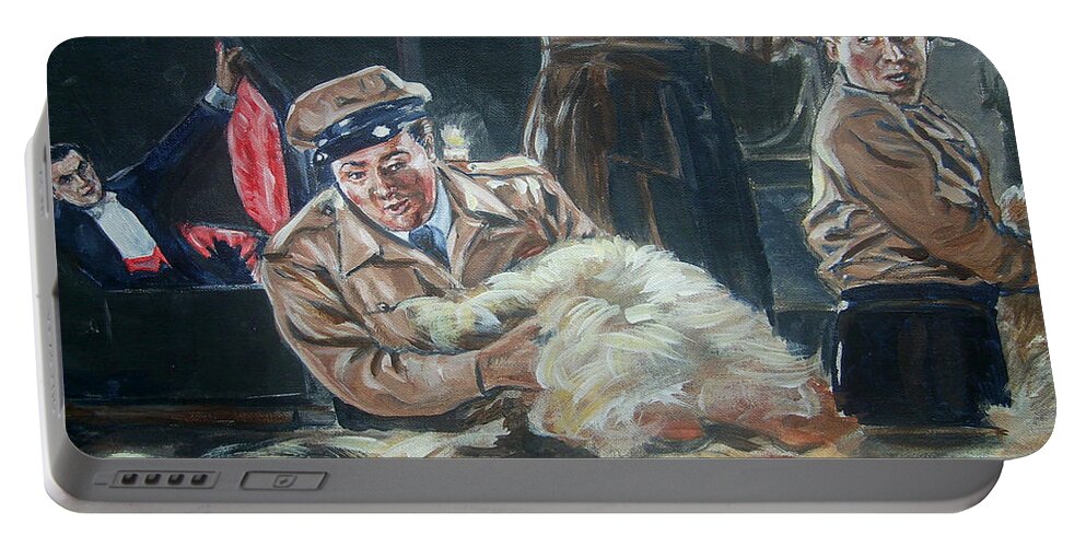 Comedy Portable Battery Charger featuring the painting Abbott and Costello Meet Frankenstein by Bryan Bustard