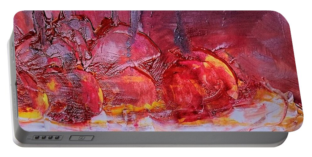 Abstract Portable Battery Charger featuring the painting Abstract Apples On Cake Plate Painting by Lisa Kaiser