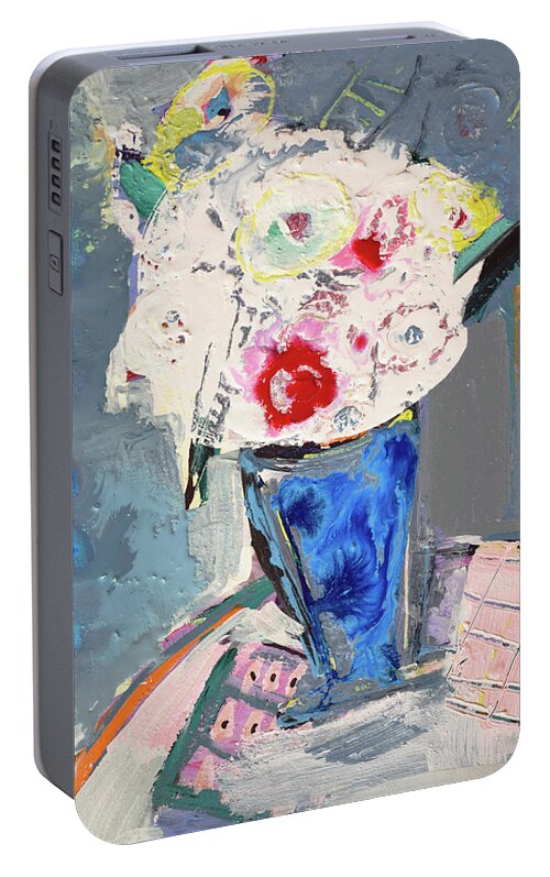 Painting Portable Battery Charger featuring the painting Abstract blue vase of white bouquet of flowers by Amara Dacer