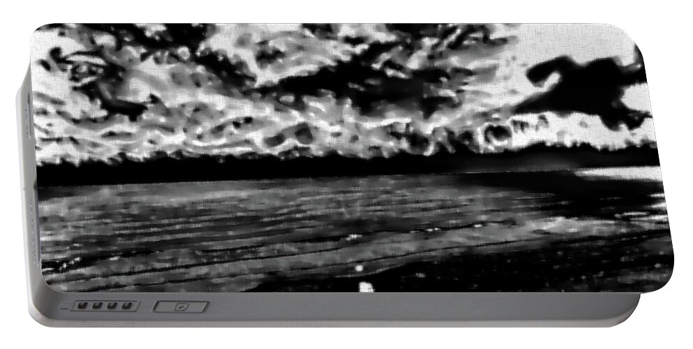 Beach Portable Battery Charger featuring the photograph Abstract Cloudy Beach in Black and White by Gina O'Brien